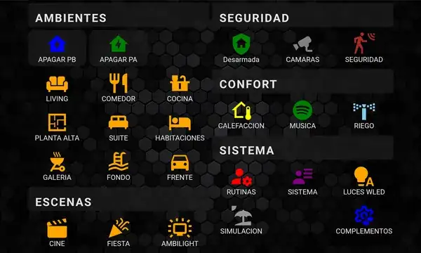 Panel táctil con ambientes, seguridad y escenas
